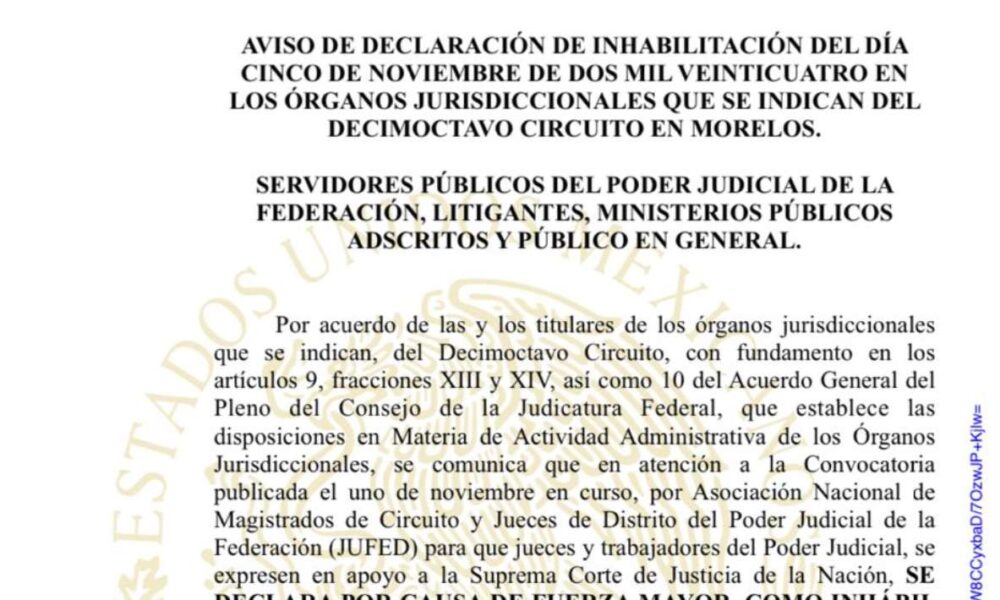 Inhabilitan el 5 de noviembre en el Poder Judicial Federal por la Reforma Judicial