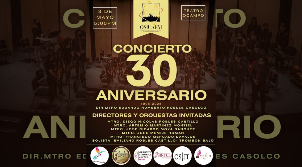 La Orquesta Sinfónica Juvenil de la UAEM celebrará 30 años de trayectoria artística y formativa en el teatro ocampo este 3 de mayo.