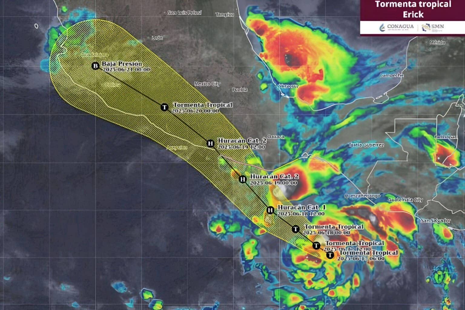 Gobierno emite alerta en 22 municipios de Oaxaca y Guerrero por “Erick”, podría impactar tierra como huracán categoría 2