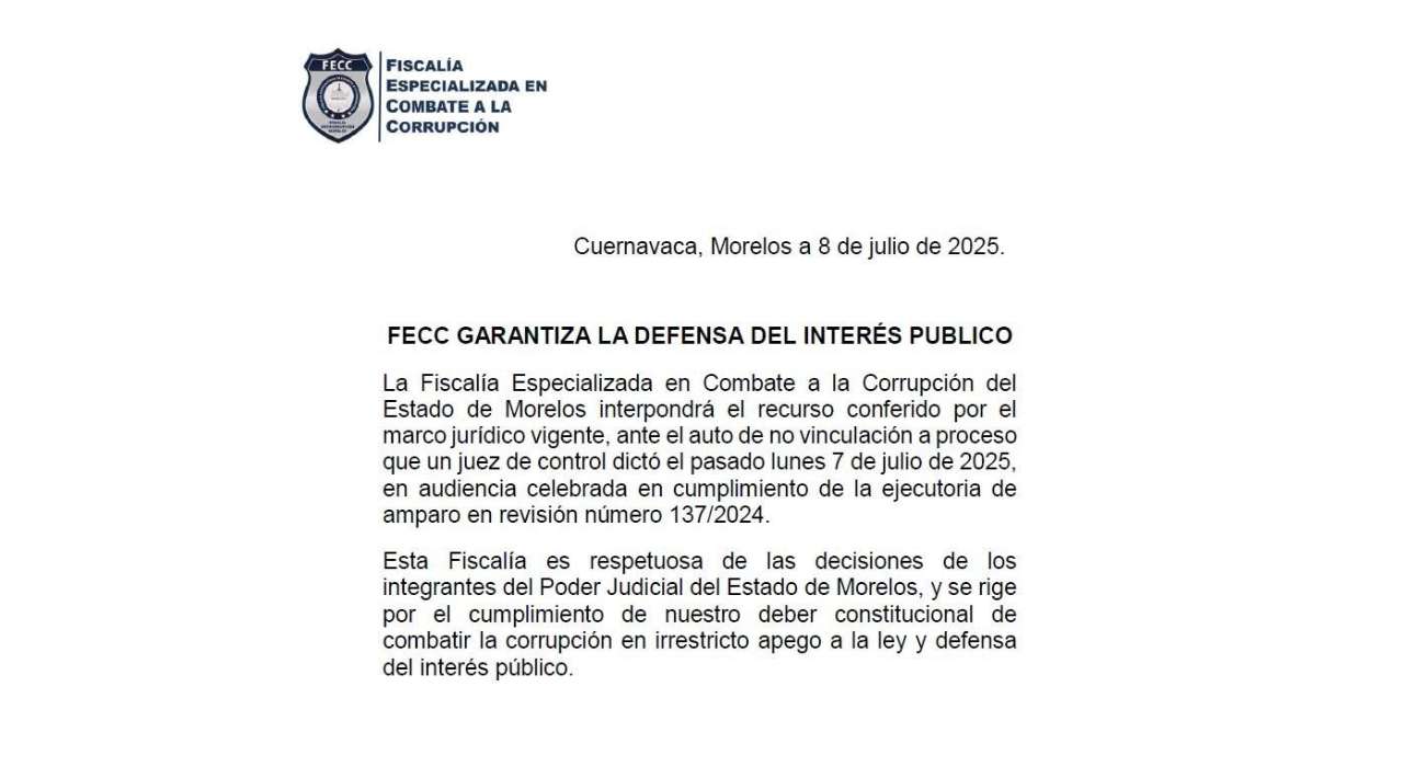 Impugnará Fiscalía Anticorrupción decisión de juez en caso de exalcalde de Cuernavaca