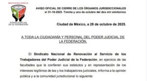 Alrededor de 22 mil trabajadores del Poder Judicial de la Federación realizarían un paro de labores para el próximo 31 de octubre.