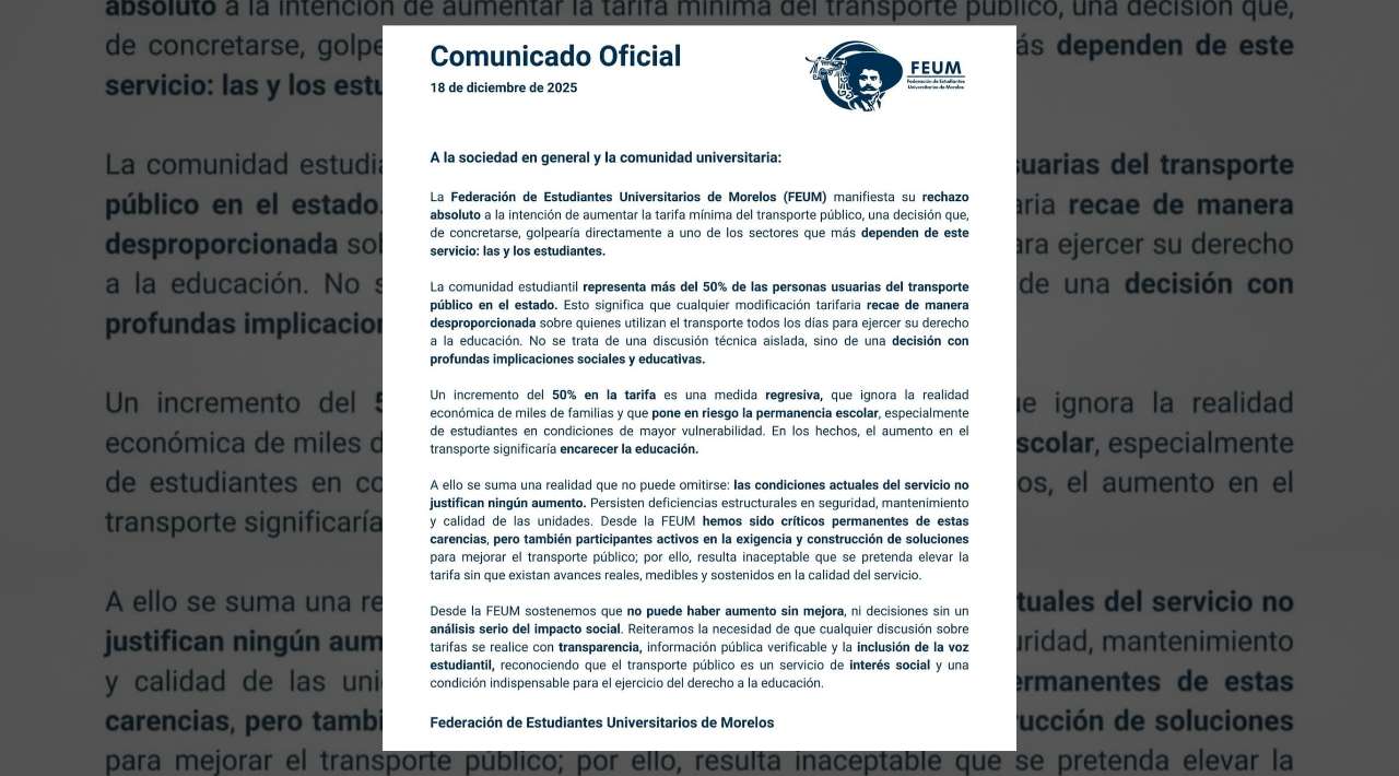 Federación de Estudiantes de Morelos rechaza posible aumento a la tarifa del transporte público