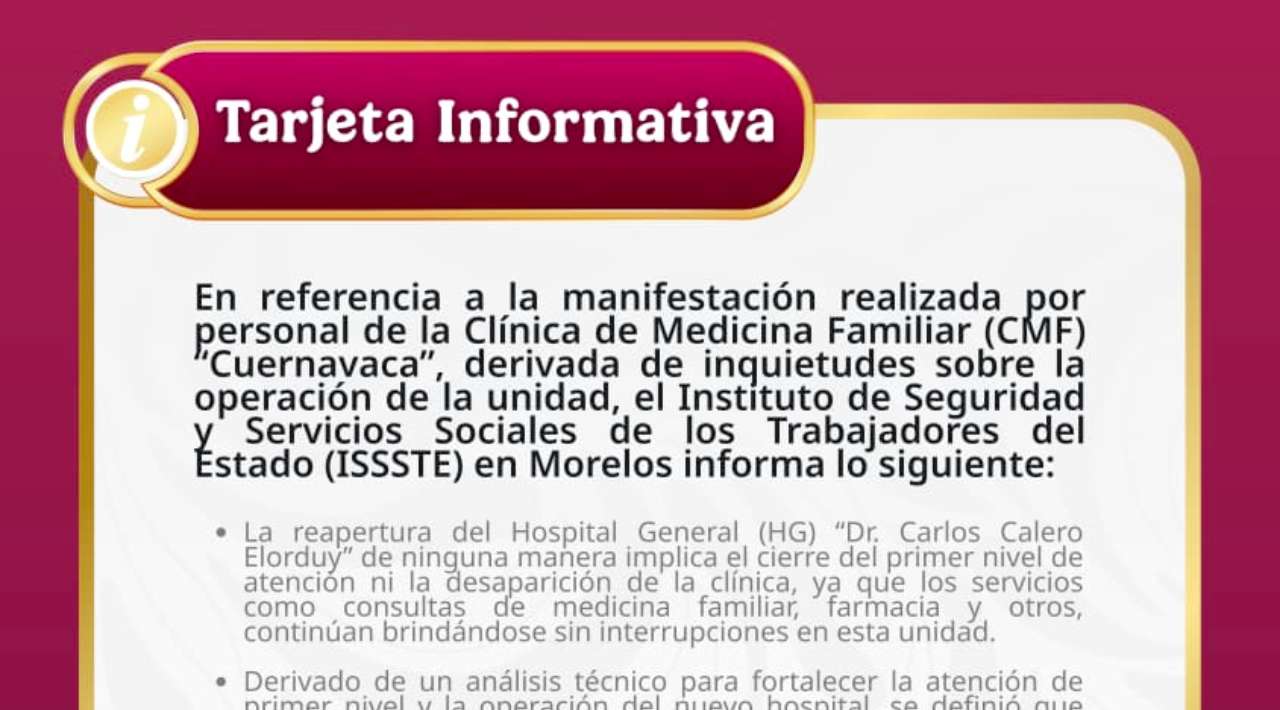 ISSSTE Morelos aclara operación de la CMF Cuernavaca tras manifestación