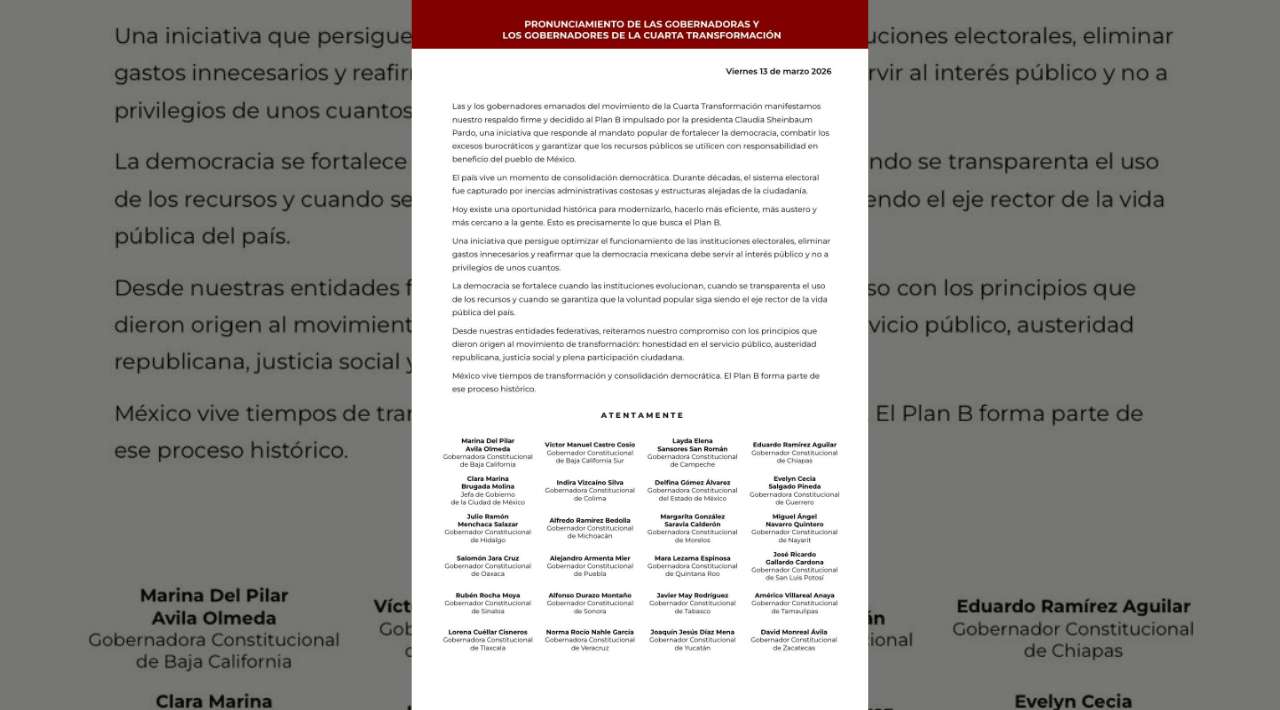 Gobernadores de la 4T respaldan Plan B de Claudia Sheinbaum