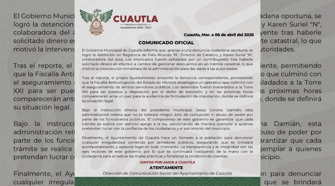 Detienen a 2 empleados del Ayuntamiento de Cuautla por corrupción
