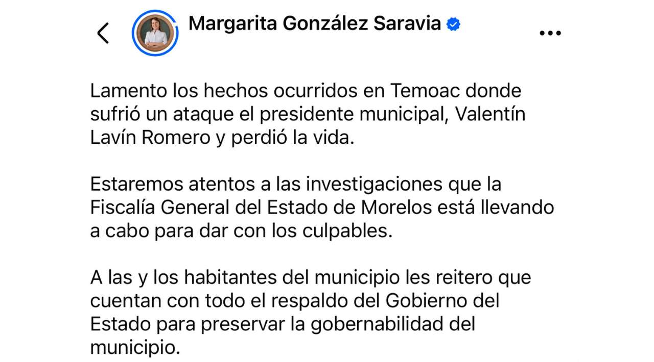 Gobernadora Margarita González Saravia lamenta asesinato del alcalde de Temoac
