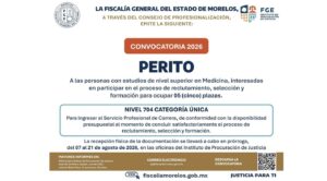 Fiscalía de Morelos abre convocatoria para reclutar y formar a cinco nuevos peritos médicos con prórroga al 21 de agosto