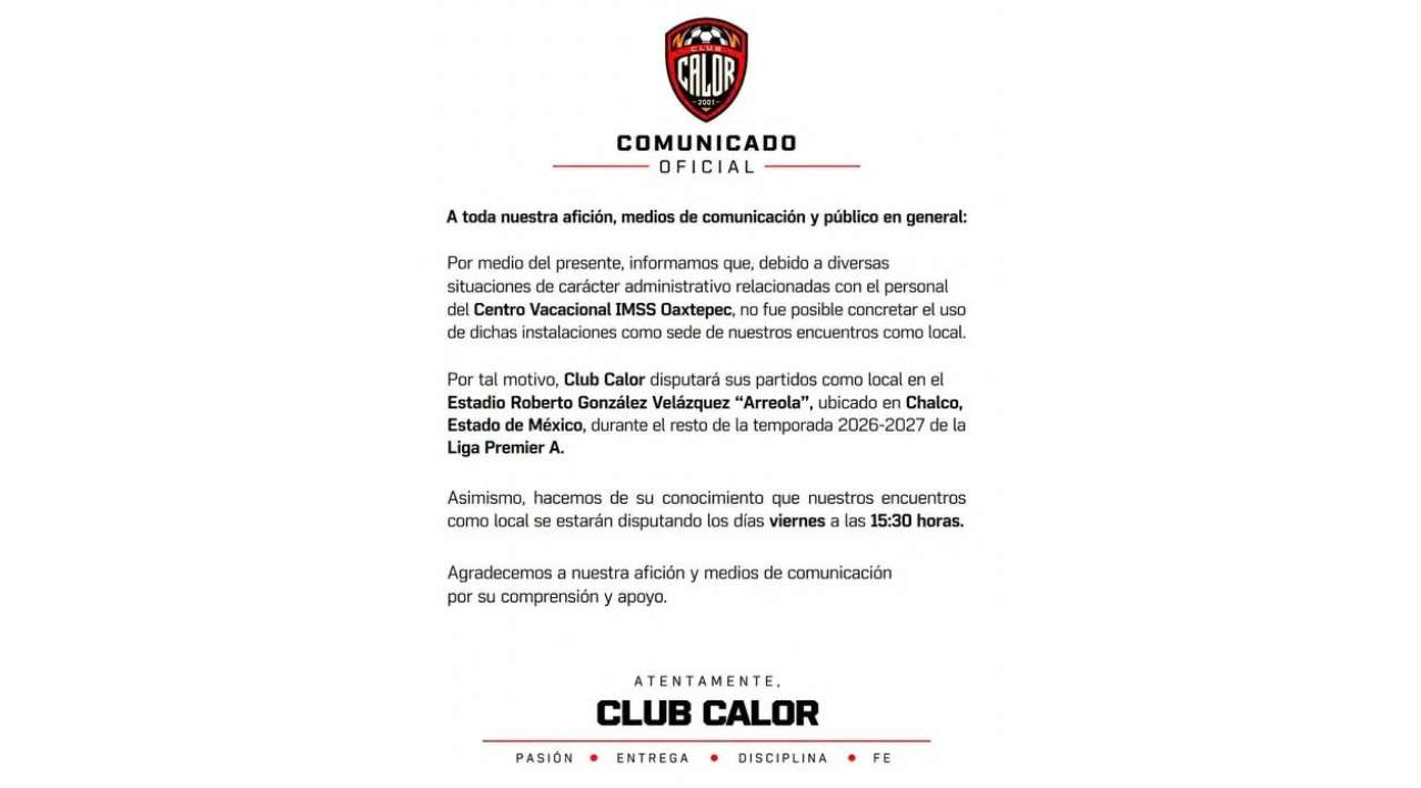 Club Calor jugará en Chalco como local el resto de la temporada 2026-2027
