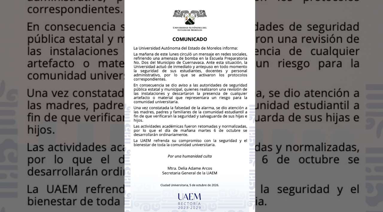 UAEM afirma que fue una falsa amenaza de bomba lo ocurrido en la Preparatoria 2
