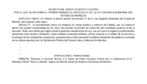 Reforma a la Ley Orgánica Municipal de Morelos permite toma de protesta en diciembre