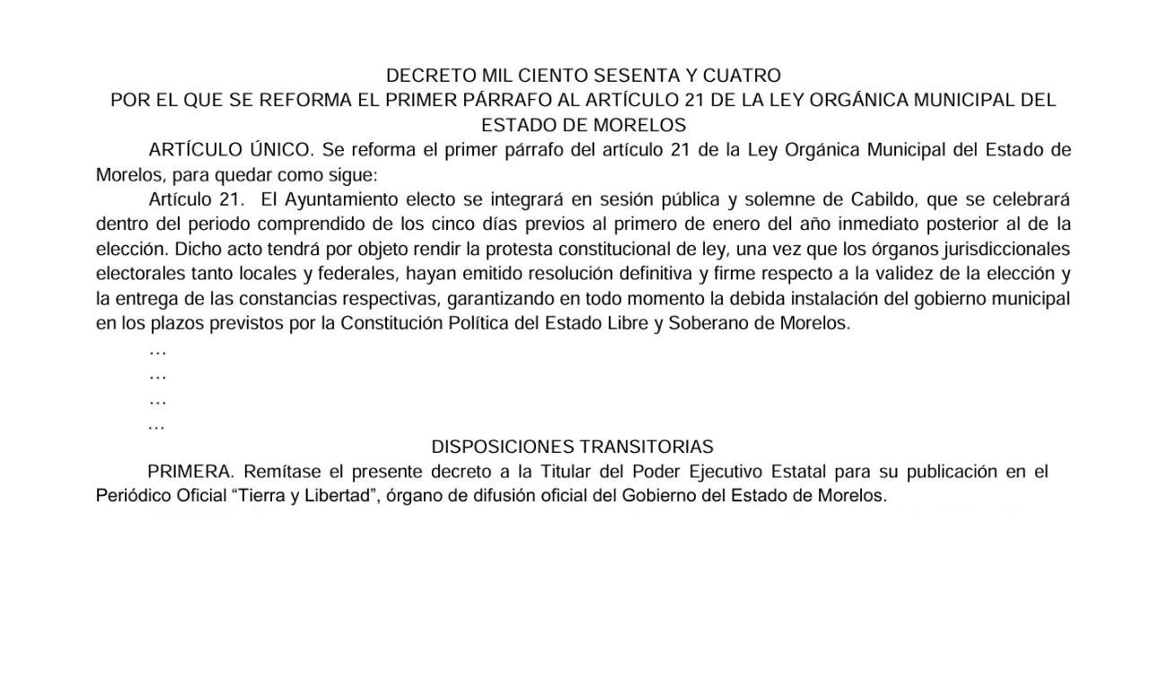Reforma a la Ley Orgánica Municipal de Morelos permite toma de protesta en diciembre