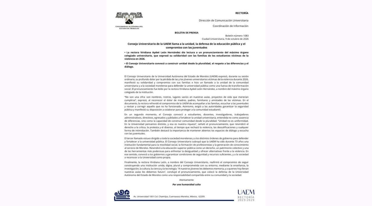 UAEM llama a la unidad universitaria y expresa solidaridad con familias de jóvenes fallecidos